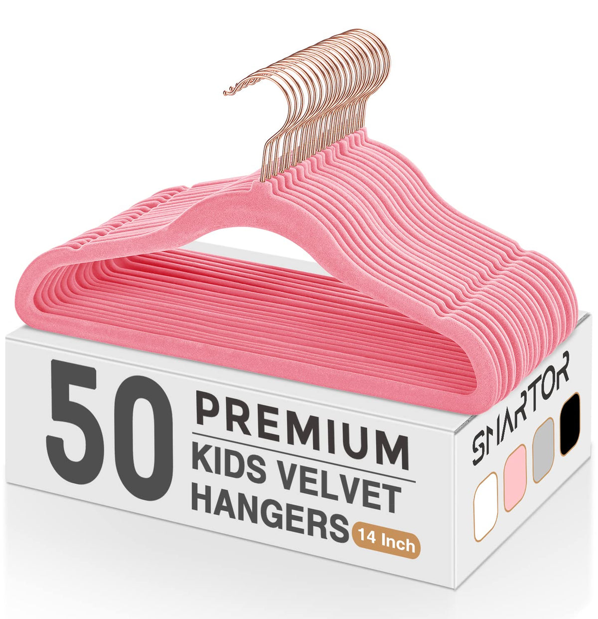 Smartor Kids Velvet Hangers with rose-gold hook secure children's clothes in a tidy closet.
