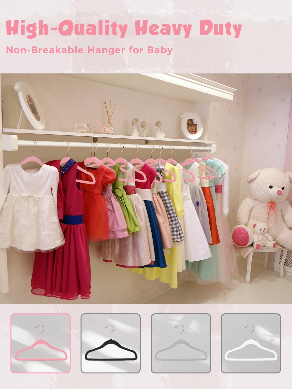 Smartor pink hangers brighten the kid room while keeping clothes organized.