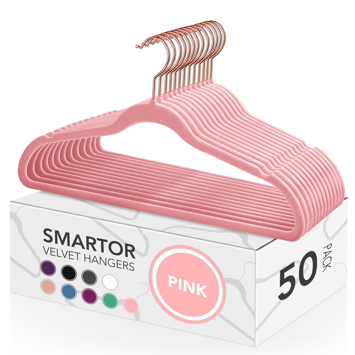 Smartor pink velvet hangers 50-pack, non-slip for organized closet storage.