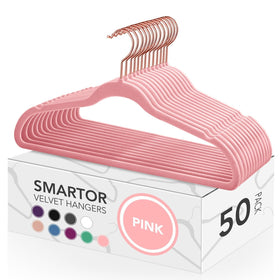 Smartor pink velvet hangers 50-pack, non-slip for organized closet storage.