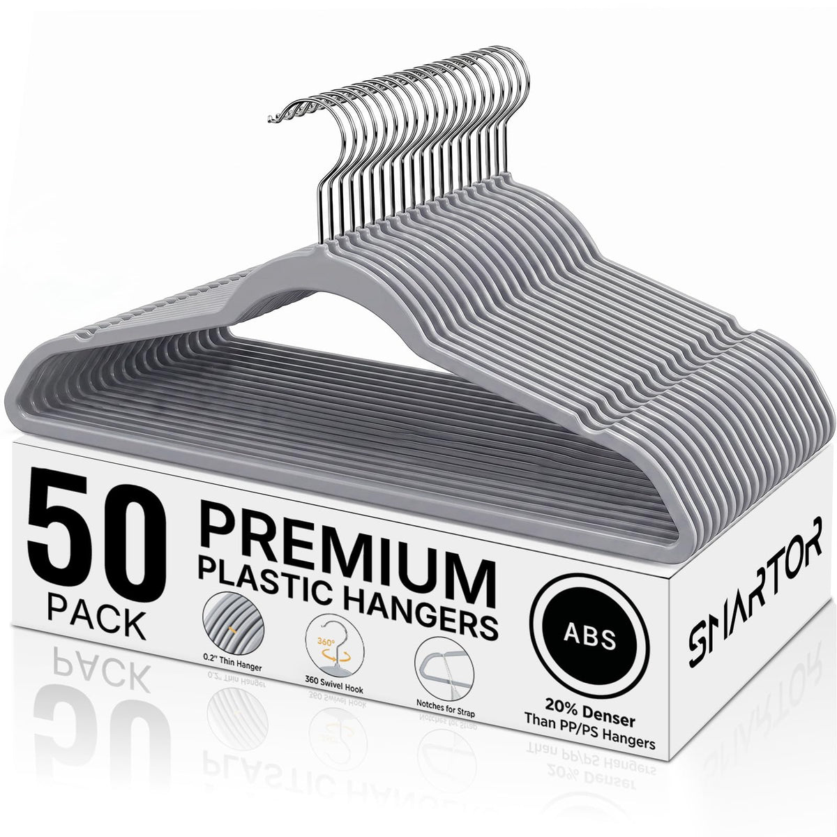 Smartor plastic hanger with a 360° swivel hook for easy garment access.