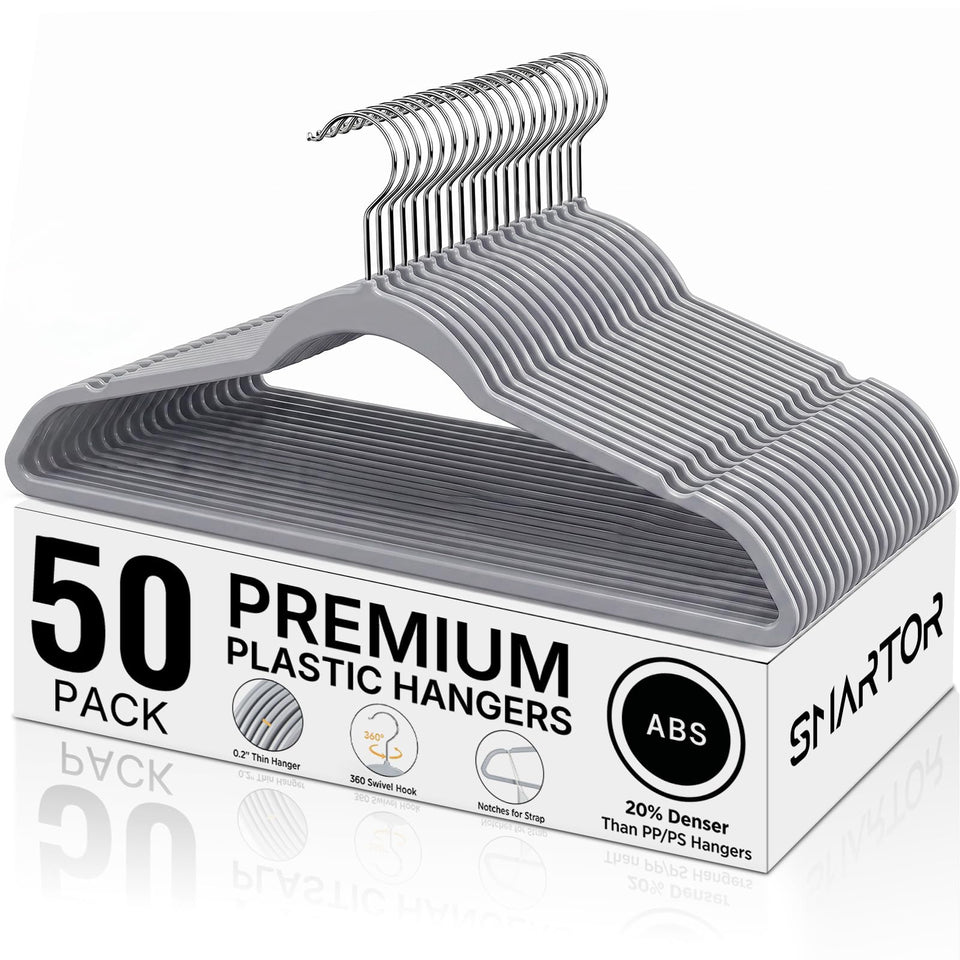Smartor plastic hanger with a 360° swivel hook for easy garment access.