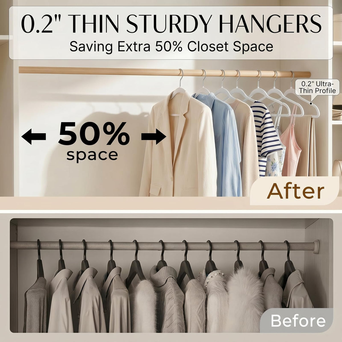 Smartor plastic hangers feature non-slip notches for secure garment placement and reduced tangling.