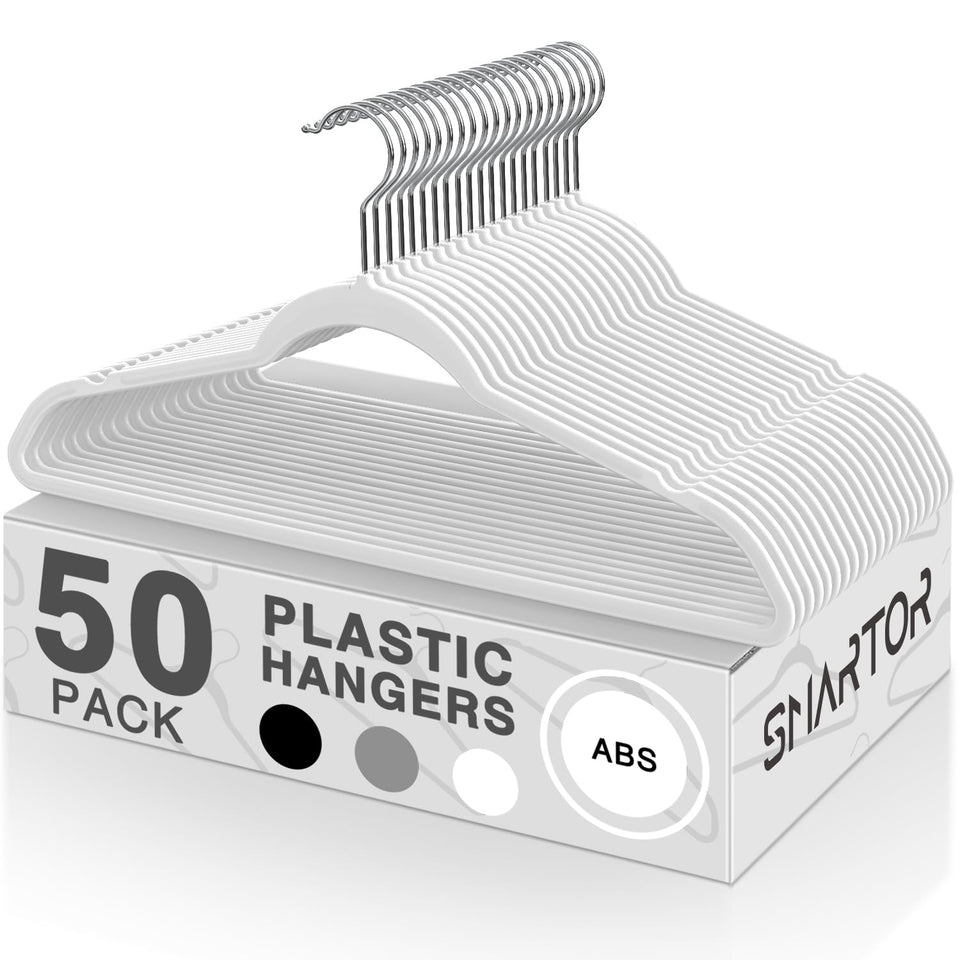 Smartor plastic hangers with a thin profile keep closets neat and maximize space.