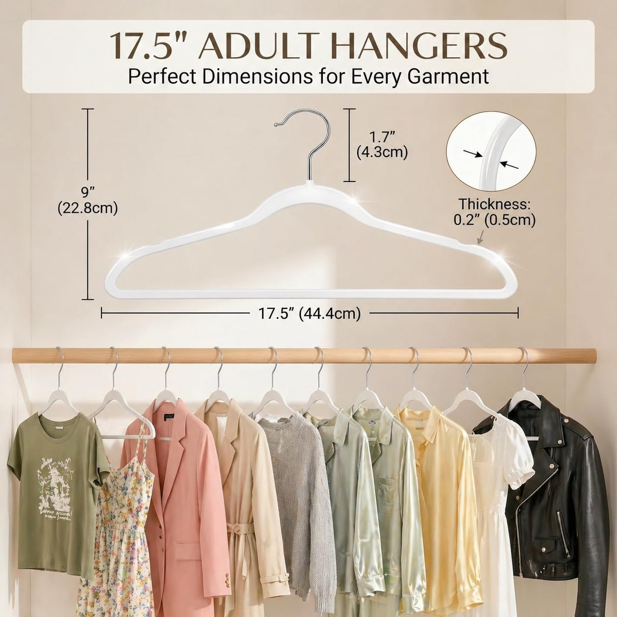 Smartor white hangers blend with dorm room decor and save closet space.