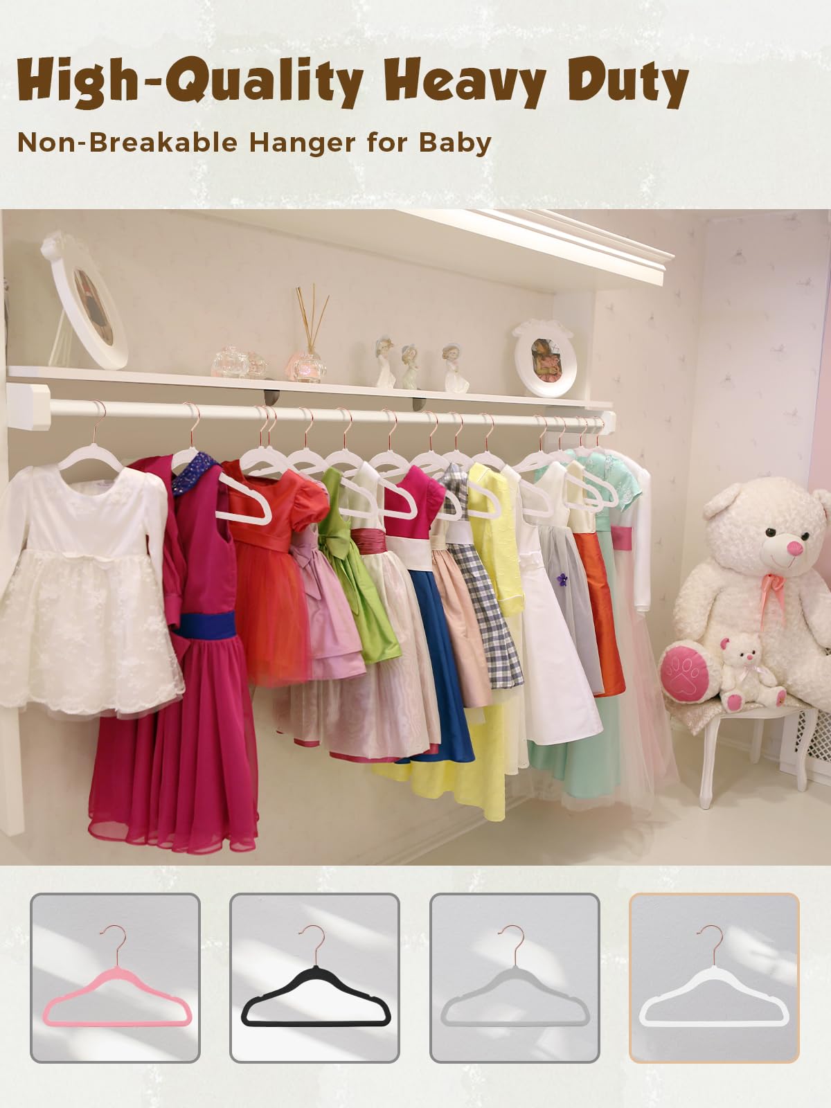 Smartor set of 50 velvet hangers for kids' wardrobes.