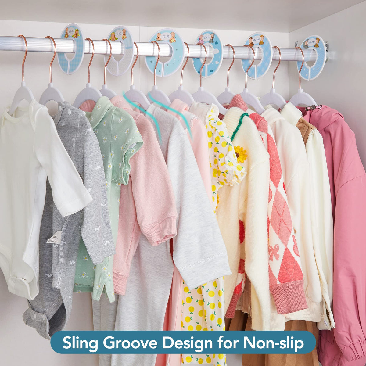 Smartor velvet hangers help maintain tidy baby wardrobes.