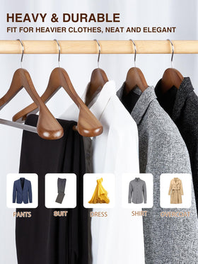 Smartor walnut coat hanger with strong frame supports heavy garments.