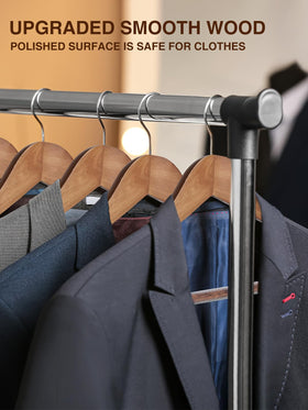 Smartor walnut suit hanger with non-slip pant bar keeps pants secure.