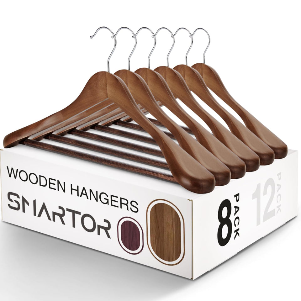 Smartor walnut suit hanger with wide shoulders protects jackets from creases.
