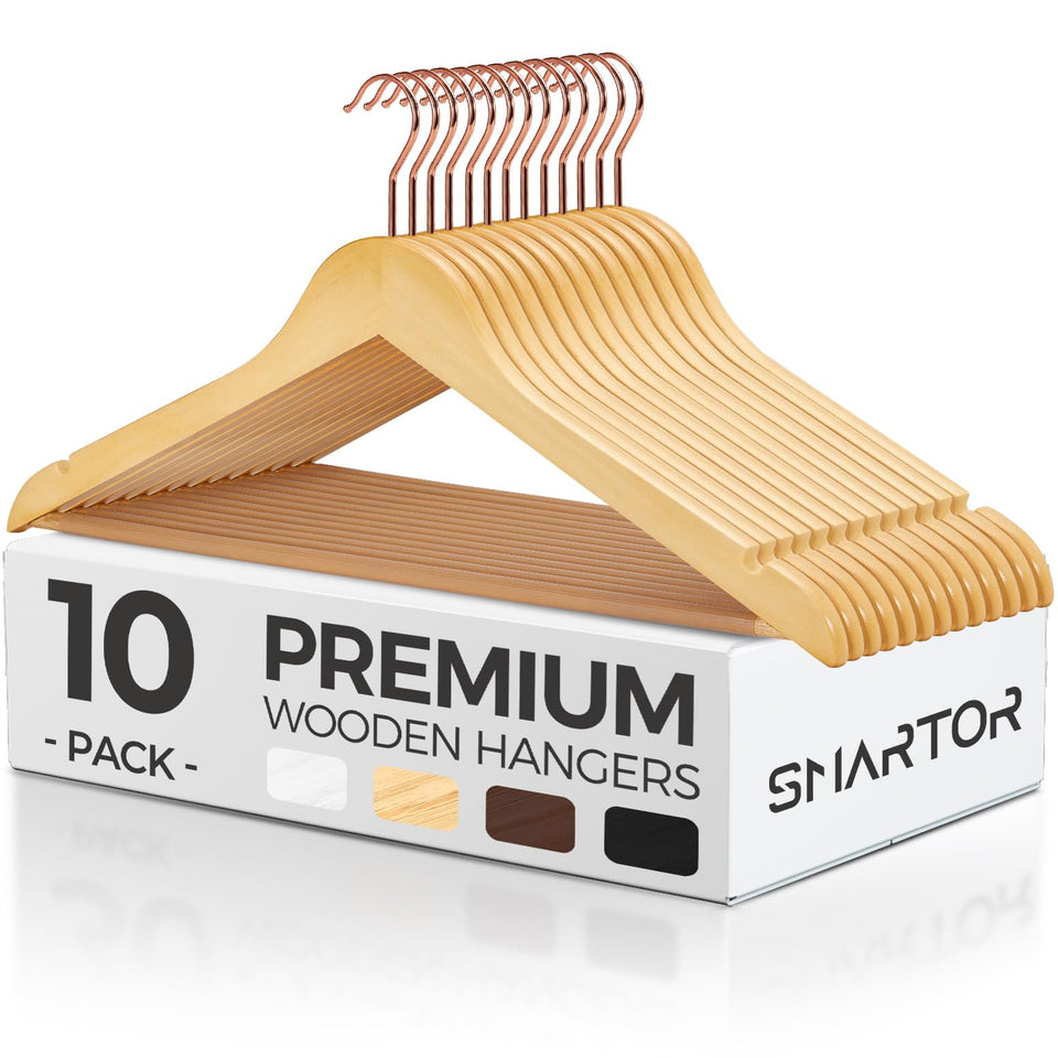 Smartor wooden hangers 10-pack—full set providing sturdy natural wood support.