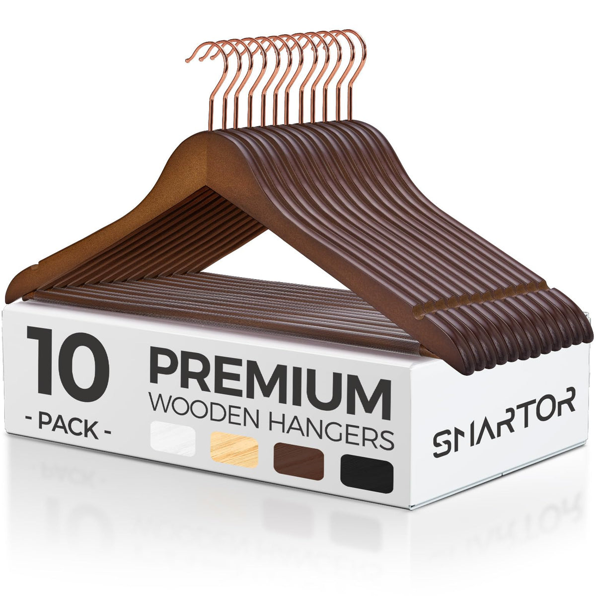 Smartor wooden hangers 10-pack showcase durable walnut finish for organized closet storage.