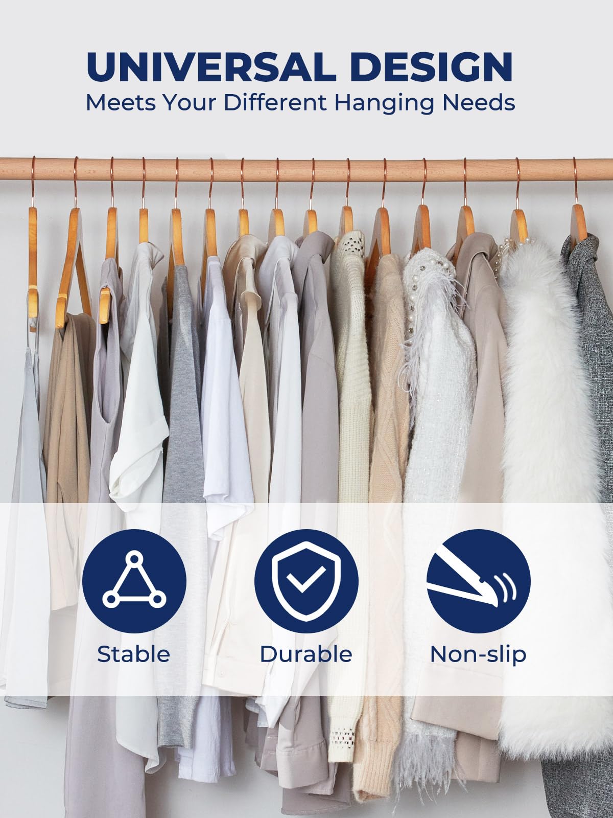 Smartor wooden hangers with 360-degree rose gold hook for easy, flexible hanging.