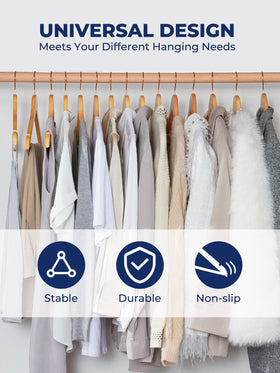 Smartor wooden hangers with 360-degree rose gold hook for easy, flexible hanging.