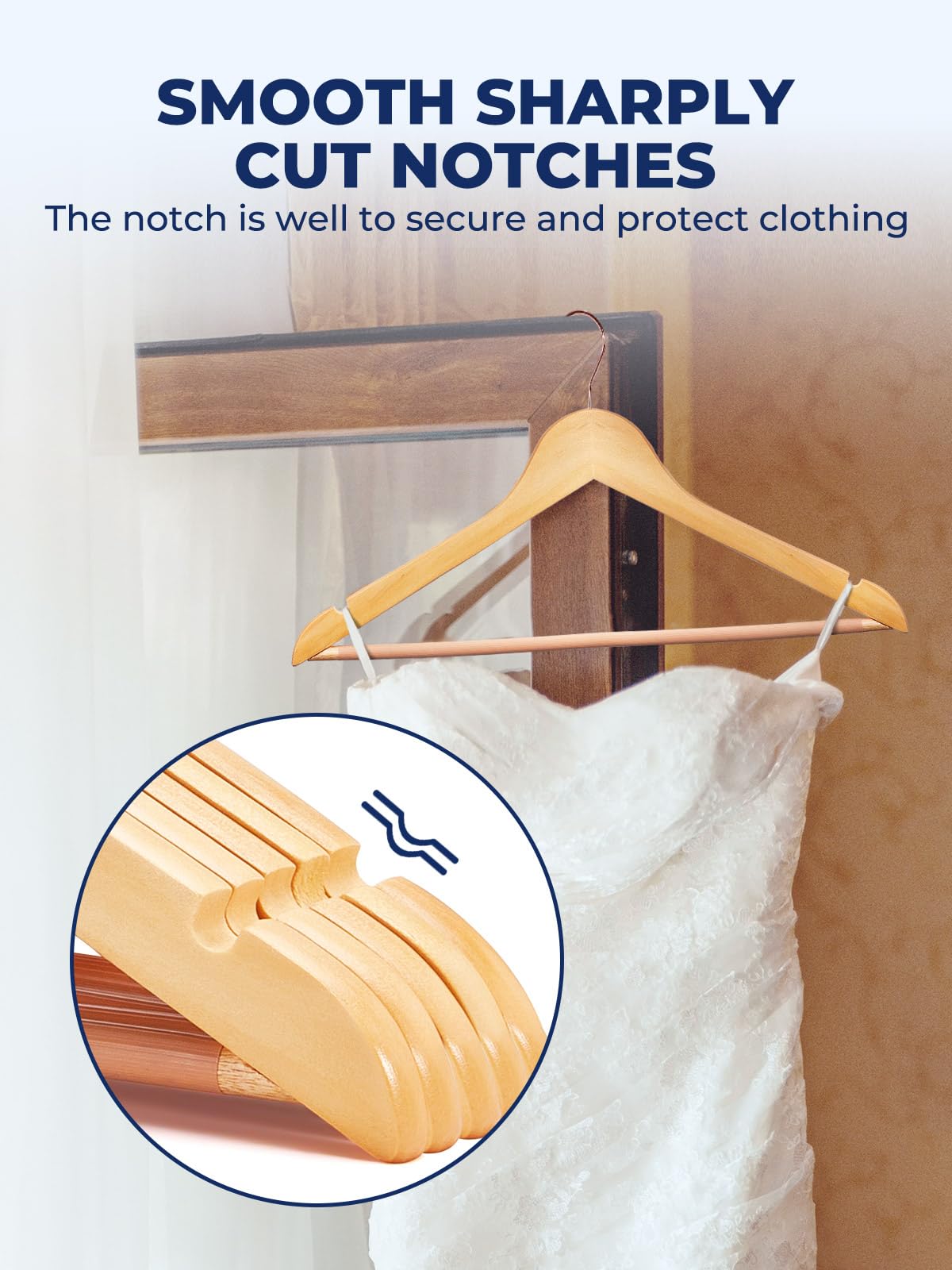 Smartor hangers with wide shoulders protect garment shape.