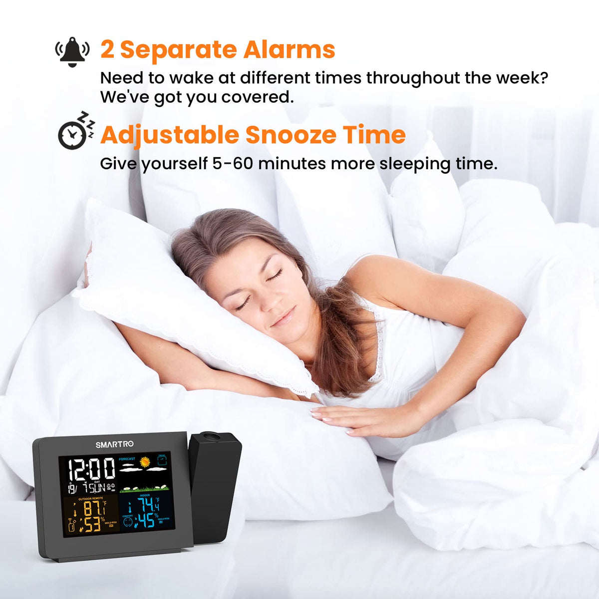SMARTRO SC91 dual alarms with snooze simplify weekday and weekend mornings