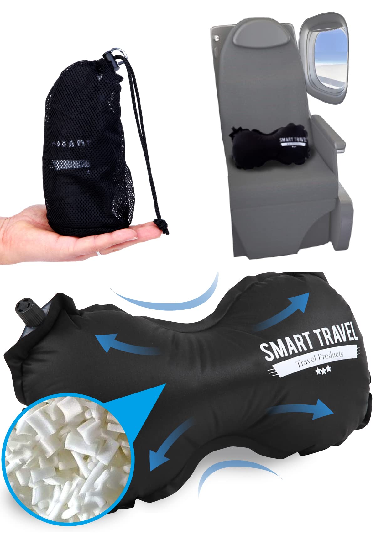 SmartTravel inflatable lumbar pillow on airplane seat offering gentle lower back support during long flights.