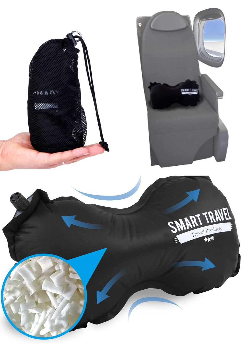 SmartTravel inflatable lumbar pillow on airplane seat offering gentle lower back support during long flights.