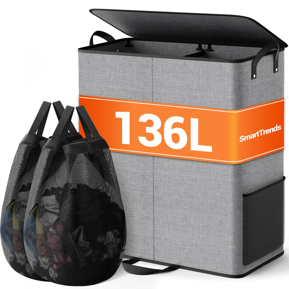 SmartTrends double laundry hamper with lid keeps clothes hidden and organized