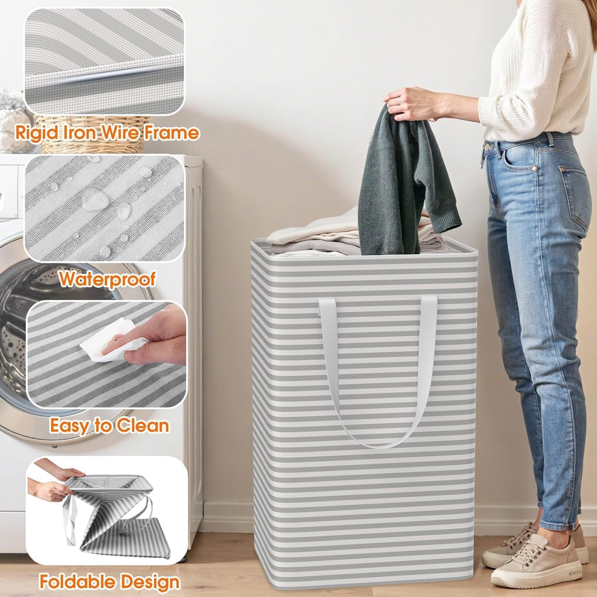 SmartTrends gray striped dorm laundry bin blends with any room decor.