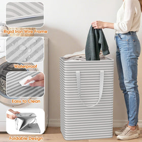 SmartTrends gray striped dorm laundry bin blends with any room decor.