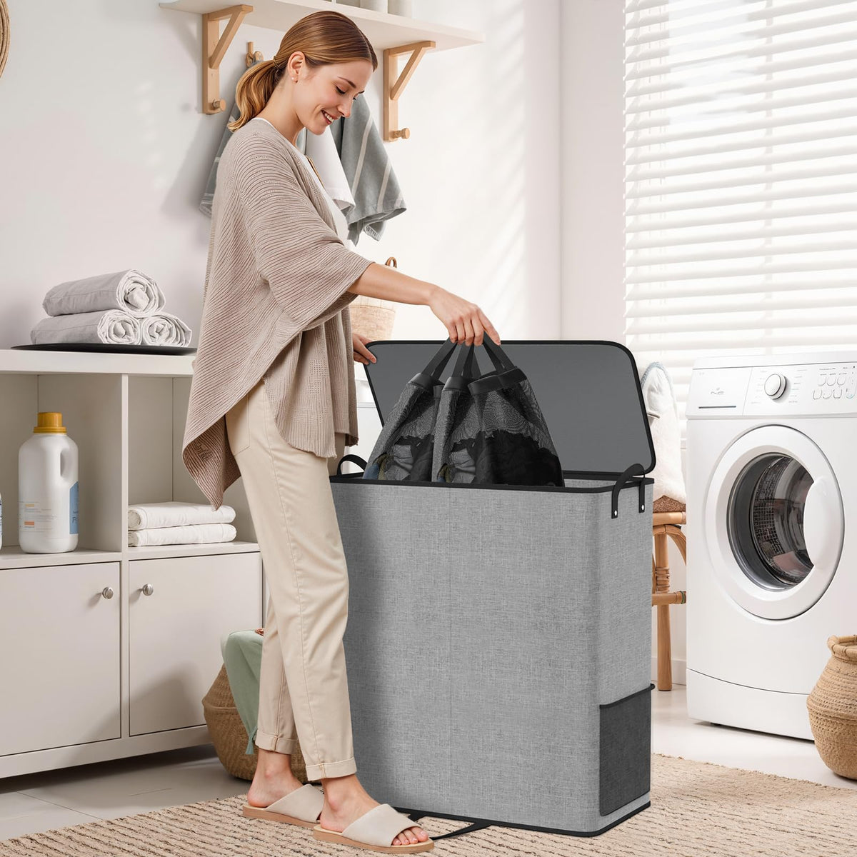 Foldable design allows compact storage when the hamper is unused