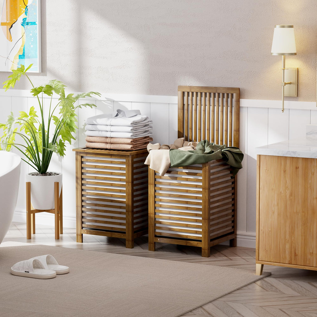 SMIBUY bamboo laundry basket in walnut finish adds natural style to your space.