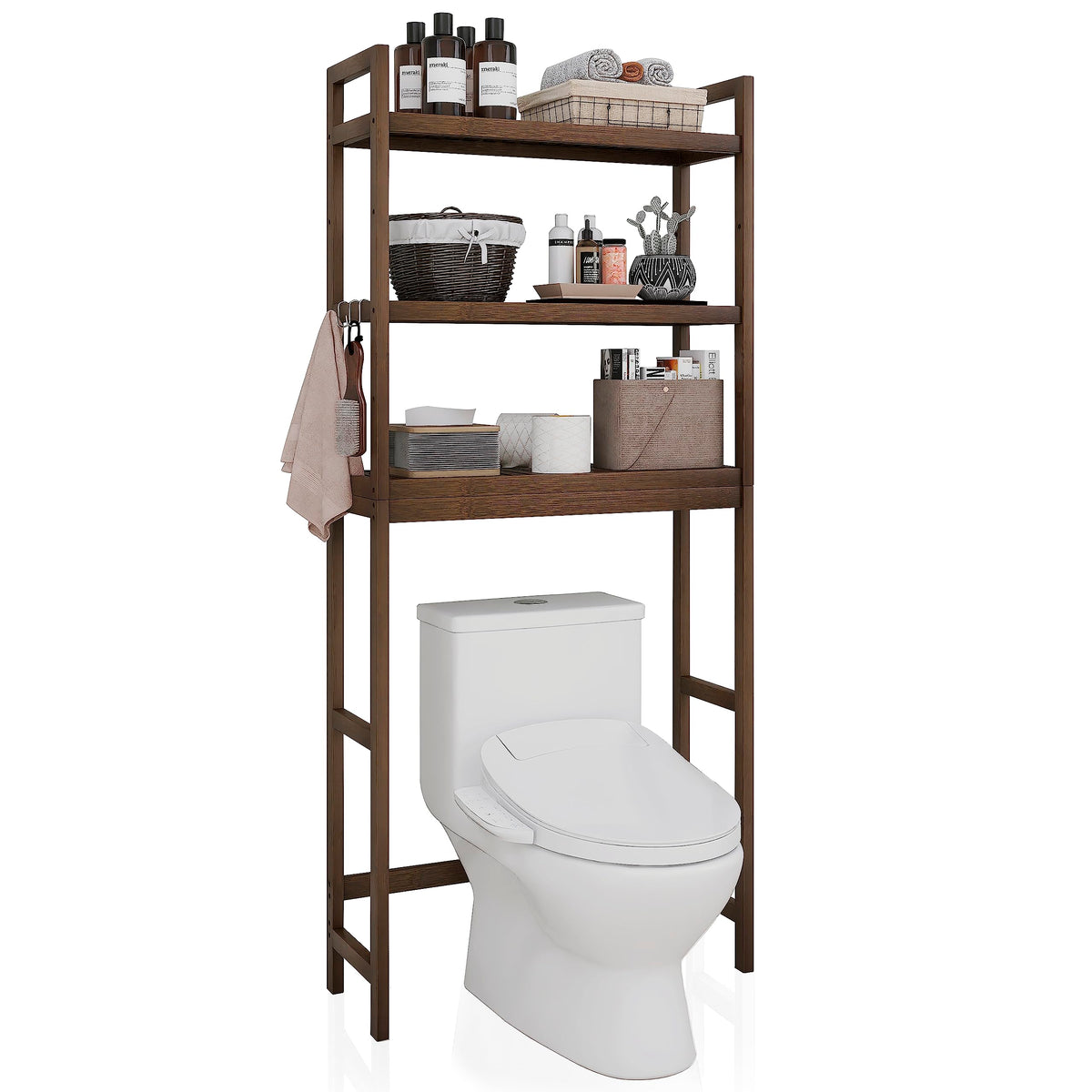 SMIBUY bamboo over-the-toilet shelf with walnut finish keeps essentials organized