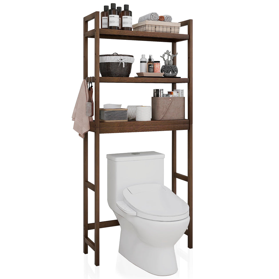 SMIBUY bamboo over-the-toilet shelf with walnut finish keeps essentials organized