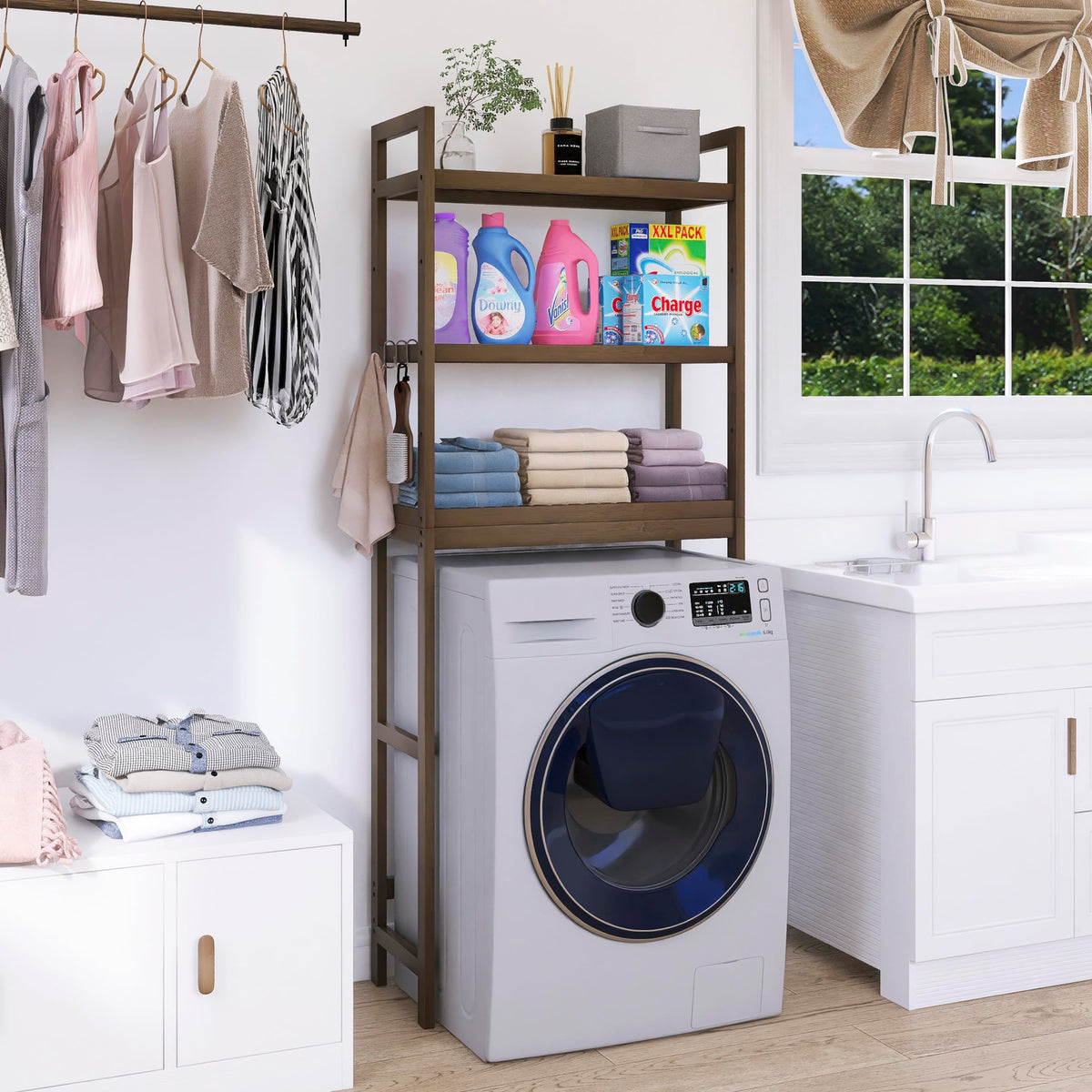 SMIBUY freestanding toilet space saver fits standard toilets for convenient storage