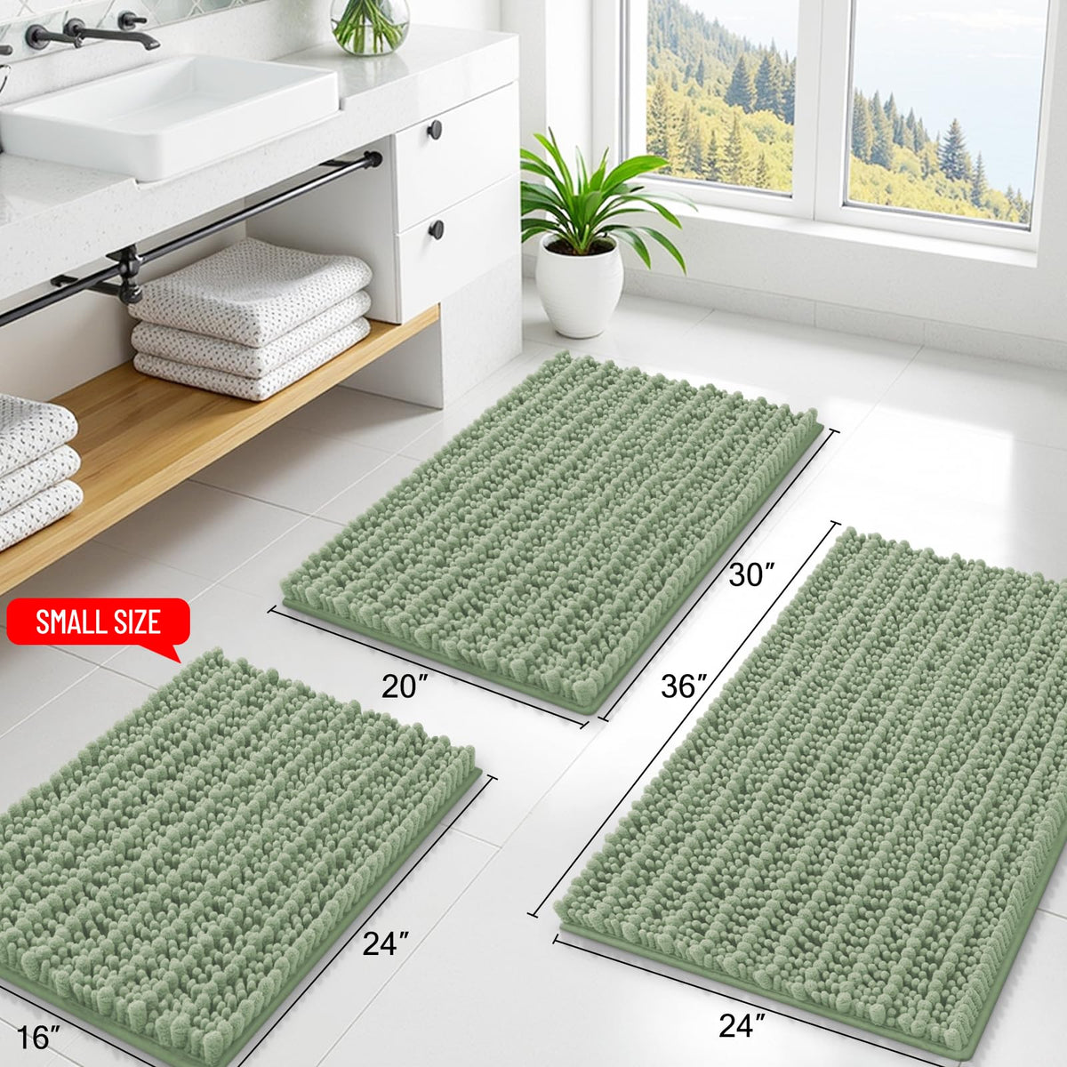 Smiry absorbent microfiber bath mat soaks moisture to keep floors dry.