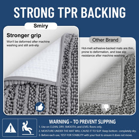 Smiry rug features absorbent microfiber shags for moisture control.
