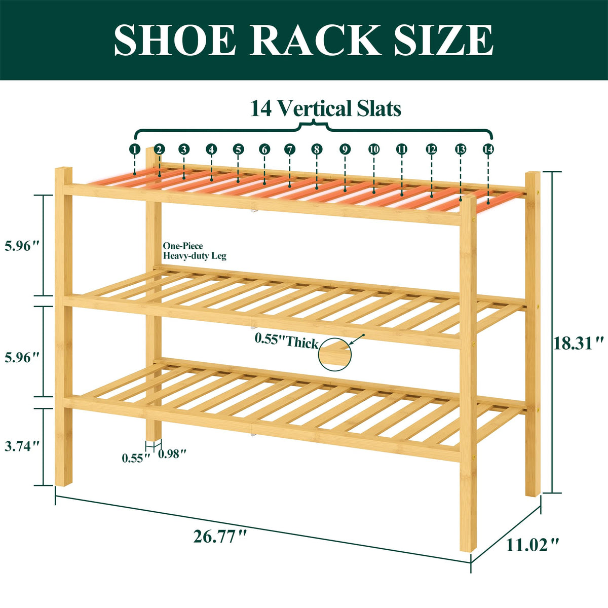 Smiry bamboo shoe rack side view highlighting sturdy frame and compact profile.