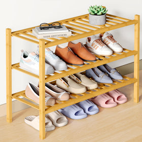 Smiry bamboo shoe rack top view with three-tier storage for entryway shoes.