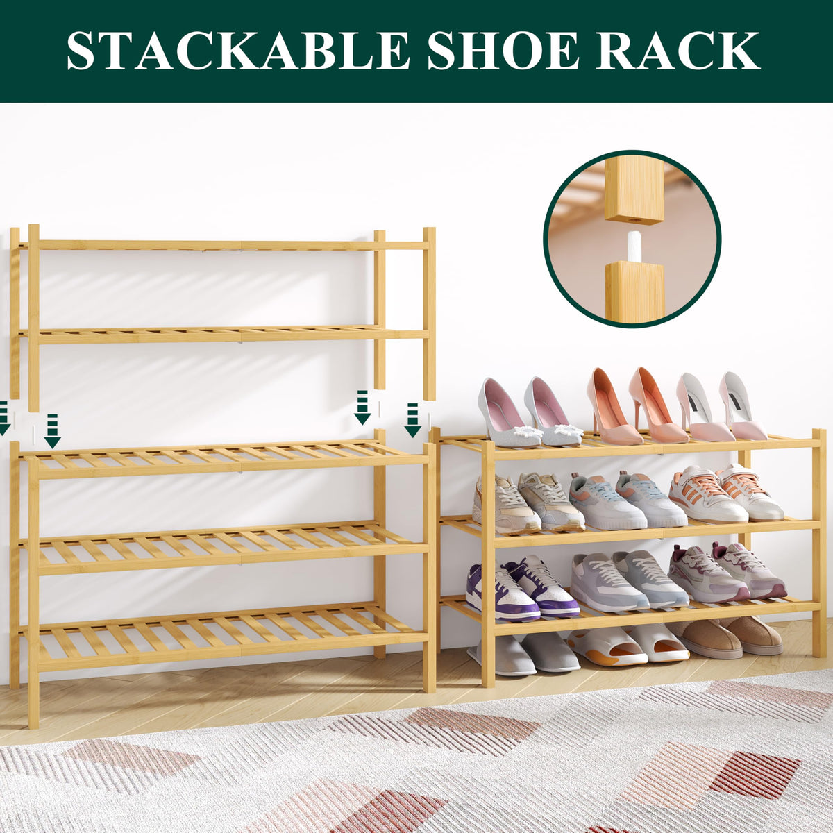Smiry bamboo shoe rack close-up material showcases natural bamboo finish.