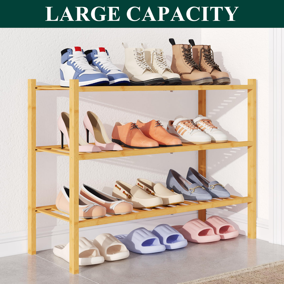 Smiry bamboo shoe rack load-bearing close-up notes 33 lb per shelf.