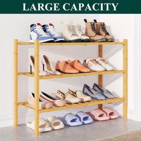 Smiry bamboo shoe rack load-bearing close-up notes 33 lb per shelf.