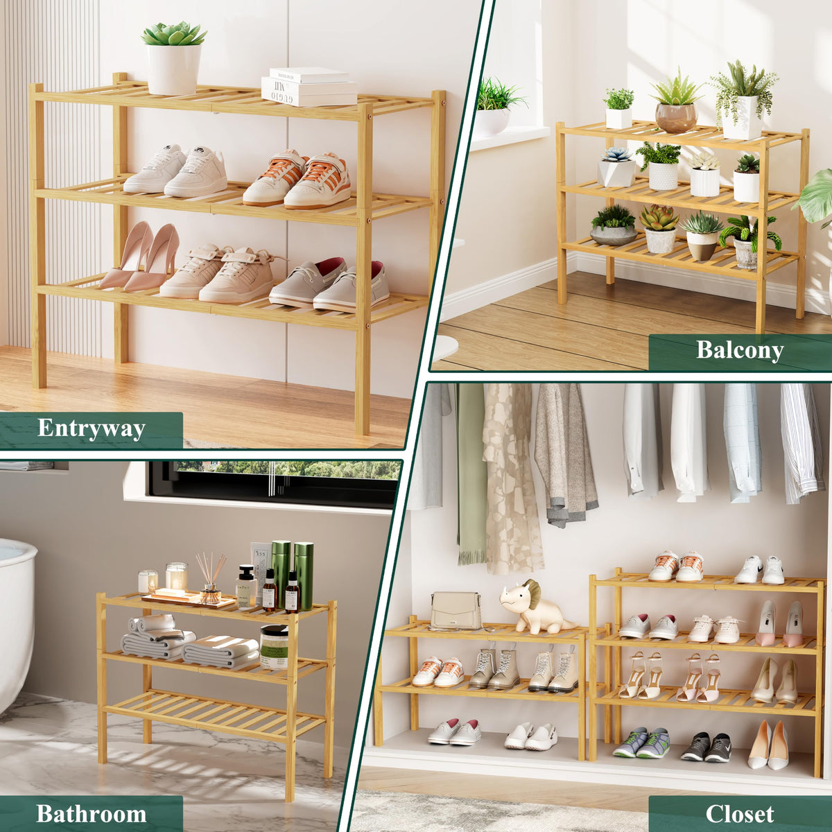 Smiry bamboo shoe rack multi-purpose use adapts to towels, books, or plants