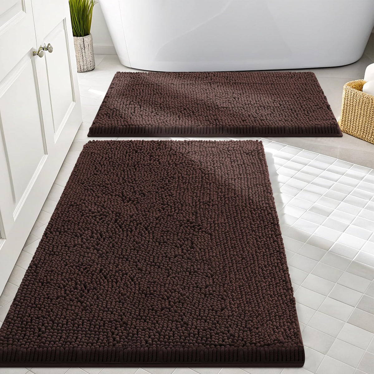 Smiry bathroom rugs set 2-piece brown, front view, delivering soft comfort underfoot.