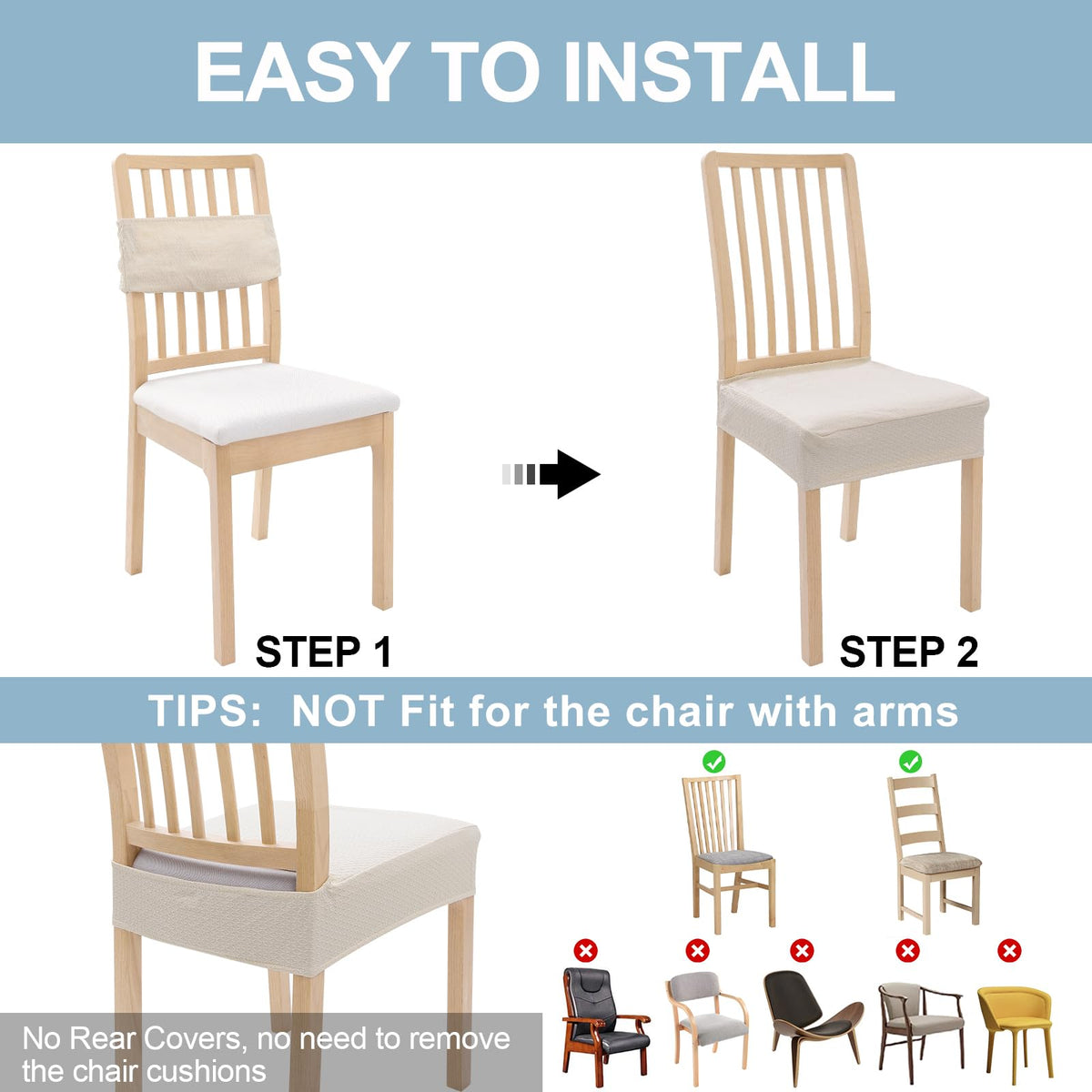 Smiry beige dining chair cover protects against spills and daily wear.