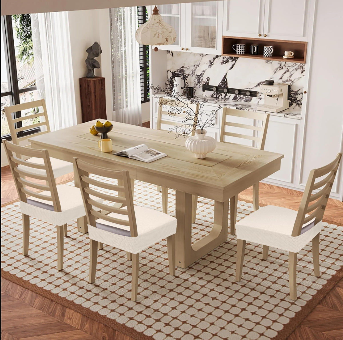 Smiry beige soft texture chair cover adds neutral elegance to dining areas.