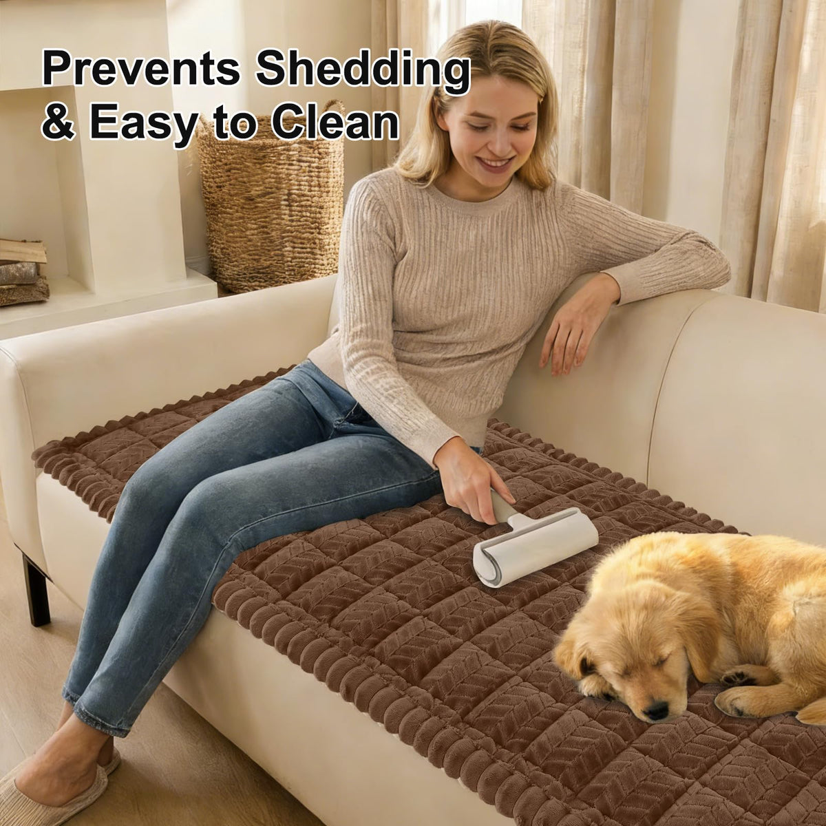 Smiry brown two-cushion protector keeps spills and hair off the sofa.