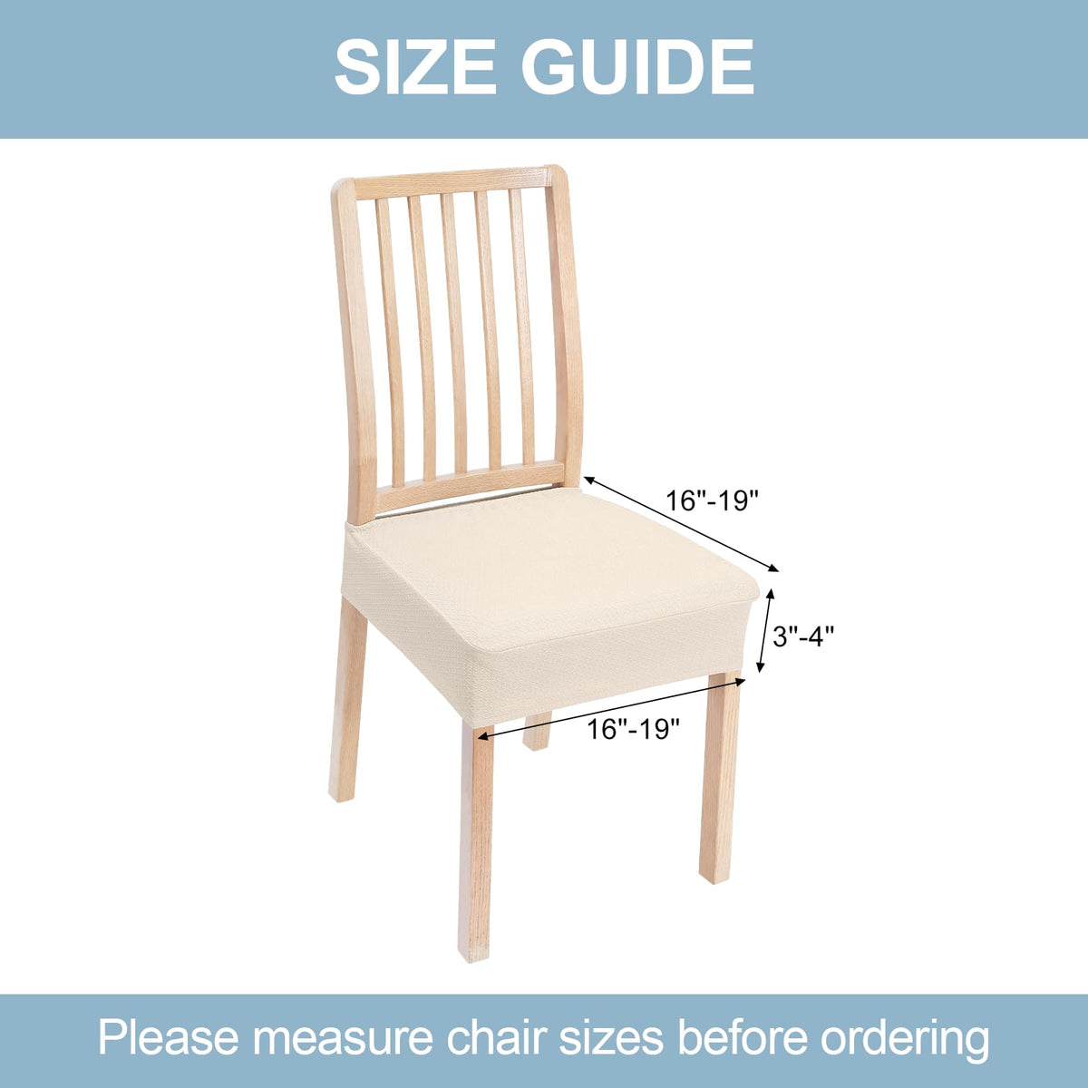 Smiry chair cover demonstrates compatibility with 16–19 inch seat cushions.