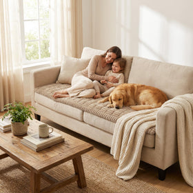 Smiry couch cover shows color-fast, fading-resistant fabric detail.