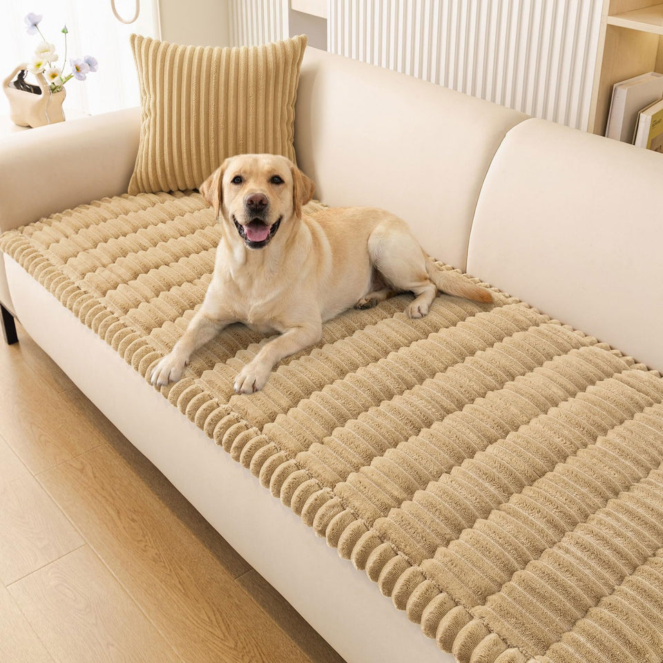 Smiry couch cover camel fabric close-up shows soft, durable material that protects furniture