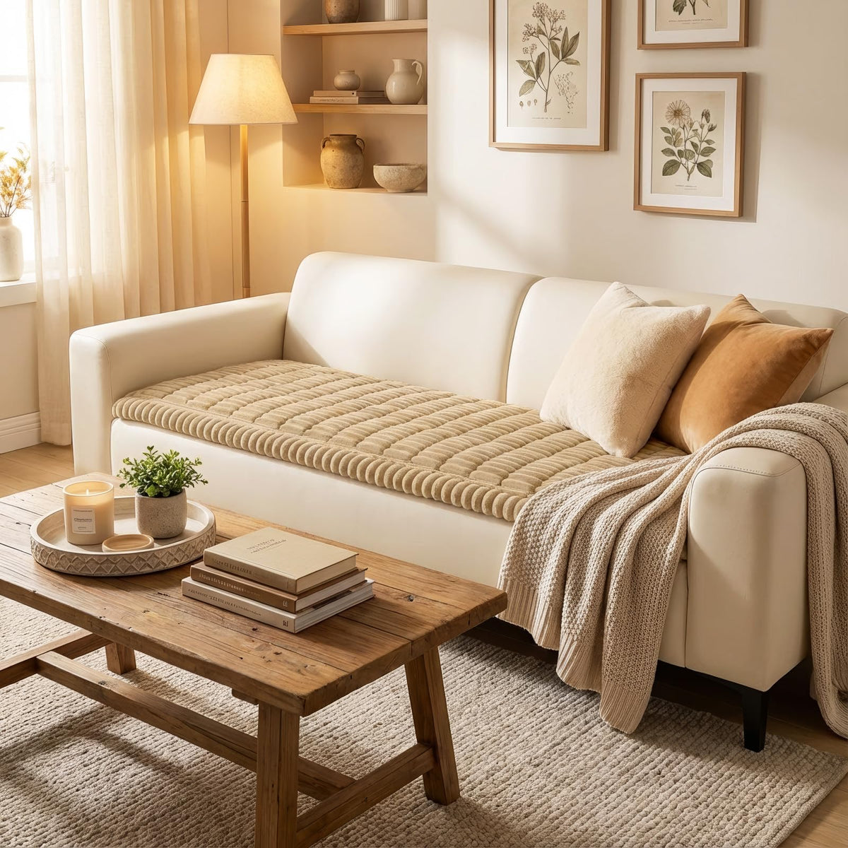 Smiry couch cover camel on sofa shows non-slip underside for stability