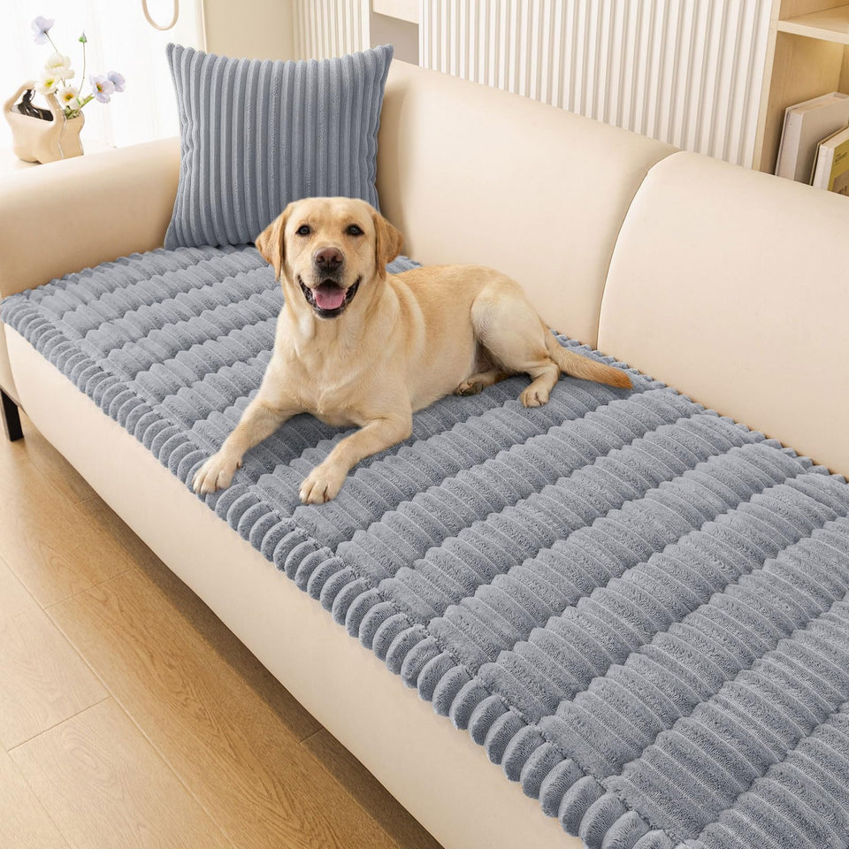 Smiry couch cover on a grey three-cushion sofa protects furniture from pet scratches.
