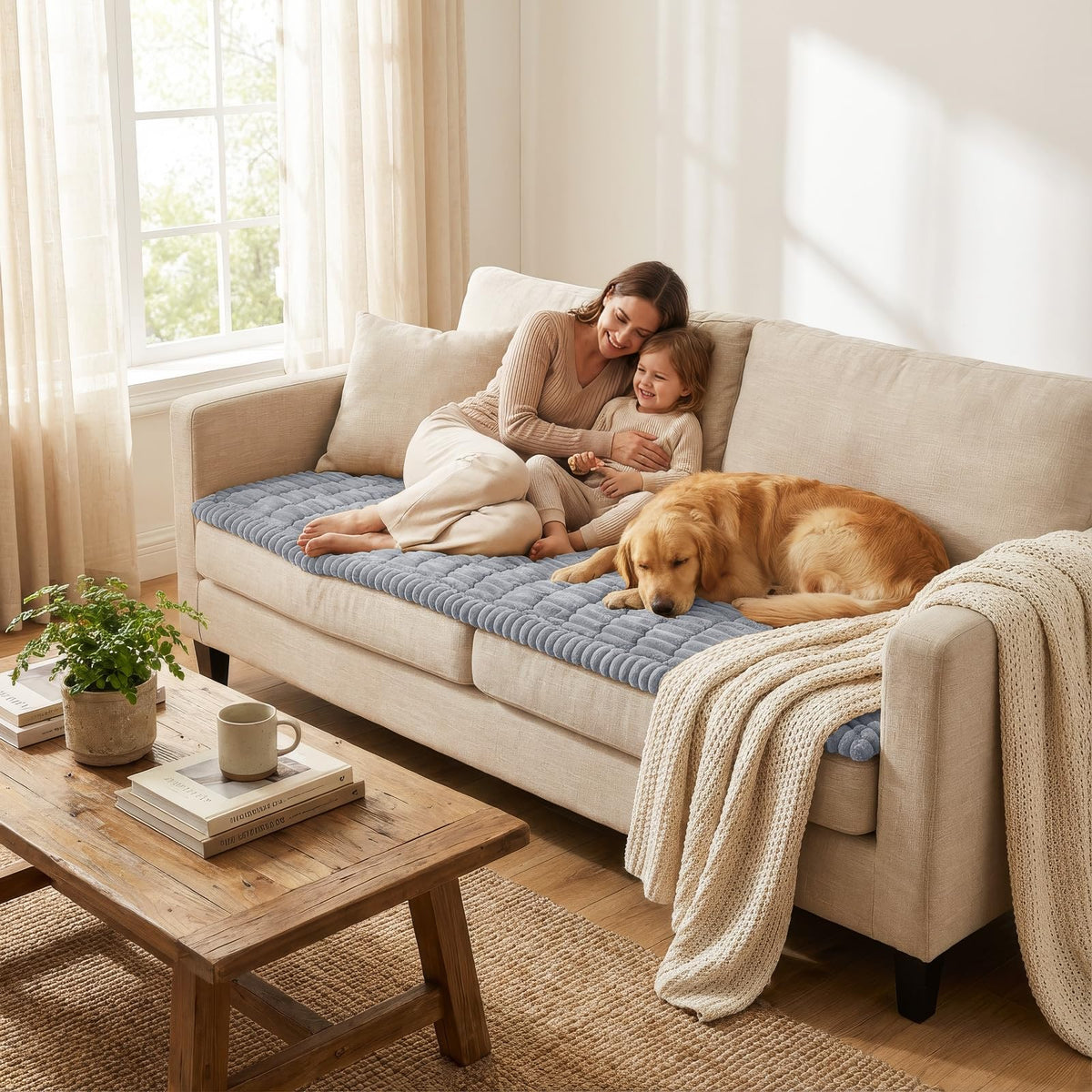 Smiry couch cover protects sofa edges and cushions during daily pet use.