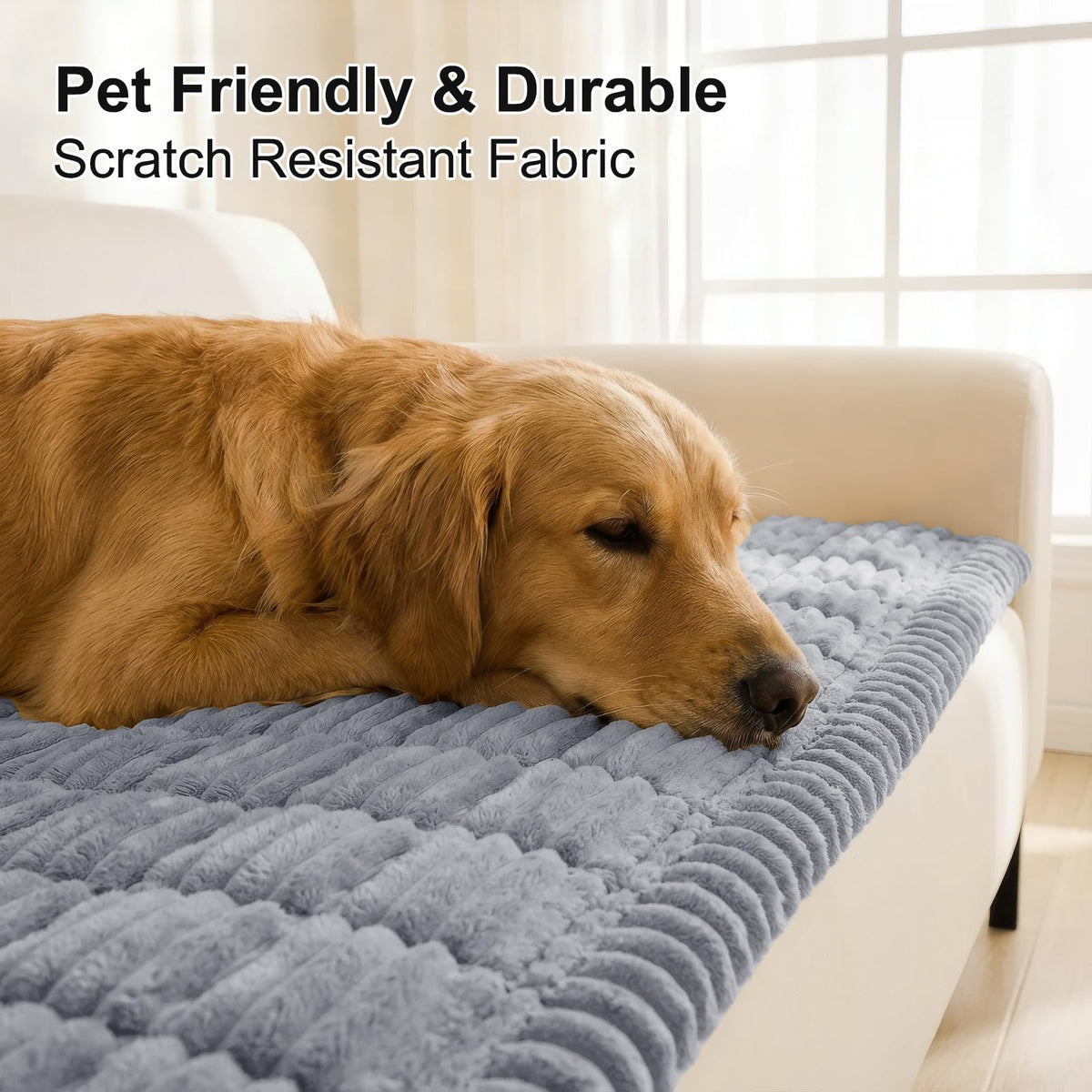 Smiry couch cover with non-slip silicone grip keeps in place during play.