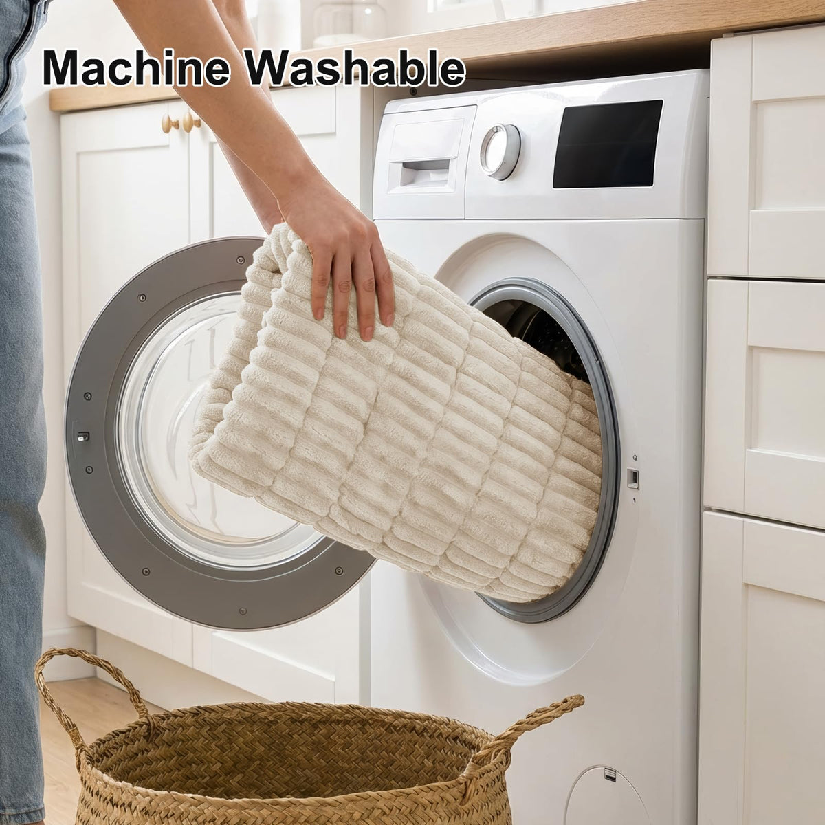 Smiry white cover complements modern decor with fluffy texture.